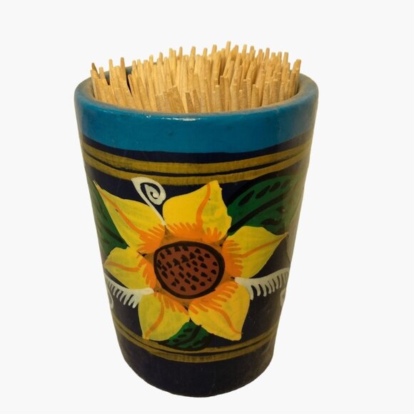 Sunflower Toothpick Holder Tole Painted Terracotta Mexico - Picture 1 of 6